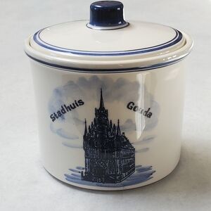 Vintage Delft Blue Handpainted Crock Jar with Lid Holland Signed Crown Gouda